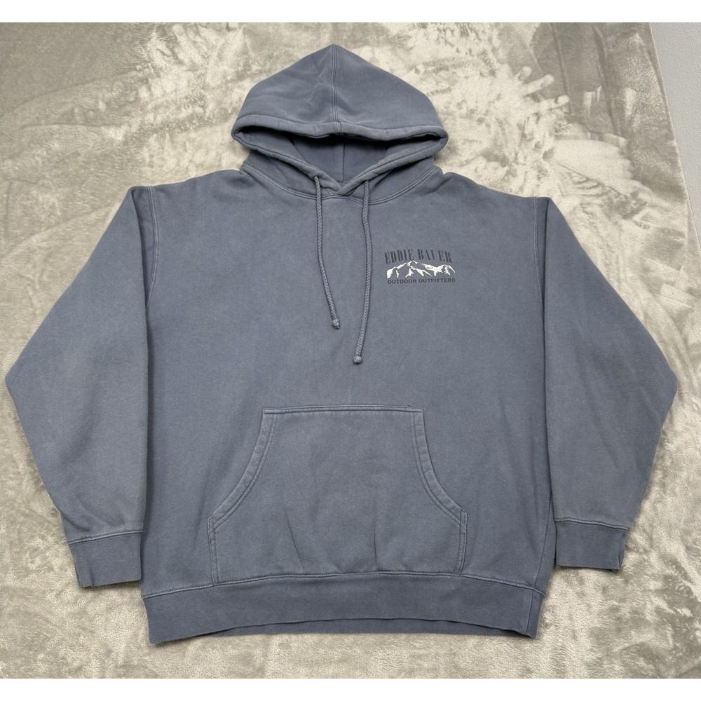 Eddie Bauer Hoodie Mens Large Blue Pullover Sweatshirt Bear Graphic Trail Hiking